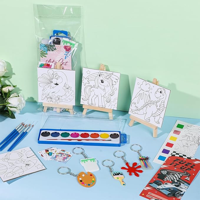 198Pcs Paint Party Favors Painting Kits for Kids Mini Predrawn Canvas Panel, Valentines Day Gifts for School Class Gift Exchanges Art Party Favors Watercolor Paint Coloring Cards for Kids