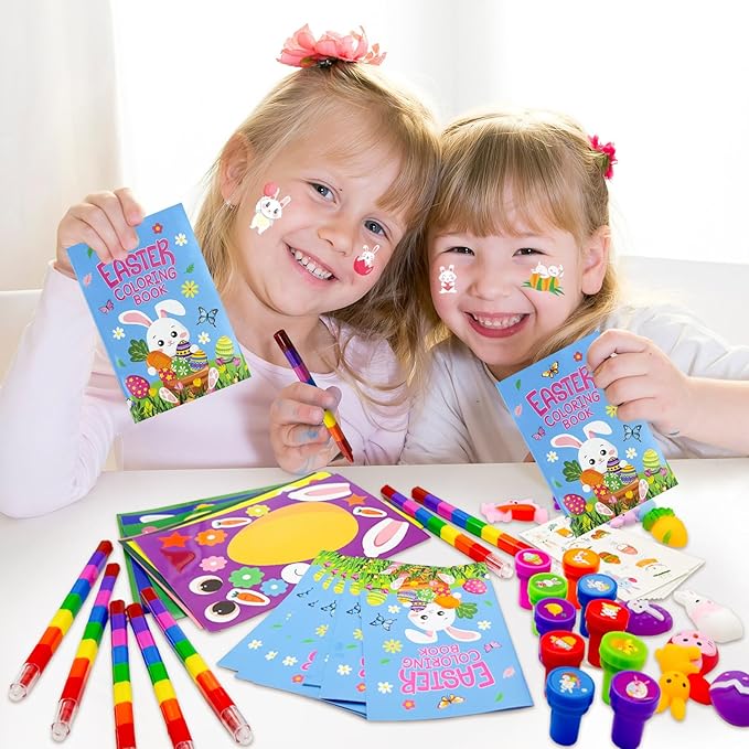 72 Pcs Easter Party Favors Easter Egg Bunny Rabbit School Exchange Gifts Coloring Books Stacking Crayons Tattoo Puzzle DIY Sticker Stampers Class Reward Prizes for Spring Easter Party Supplies