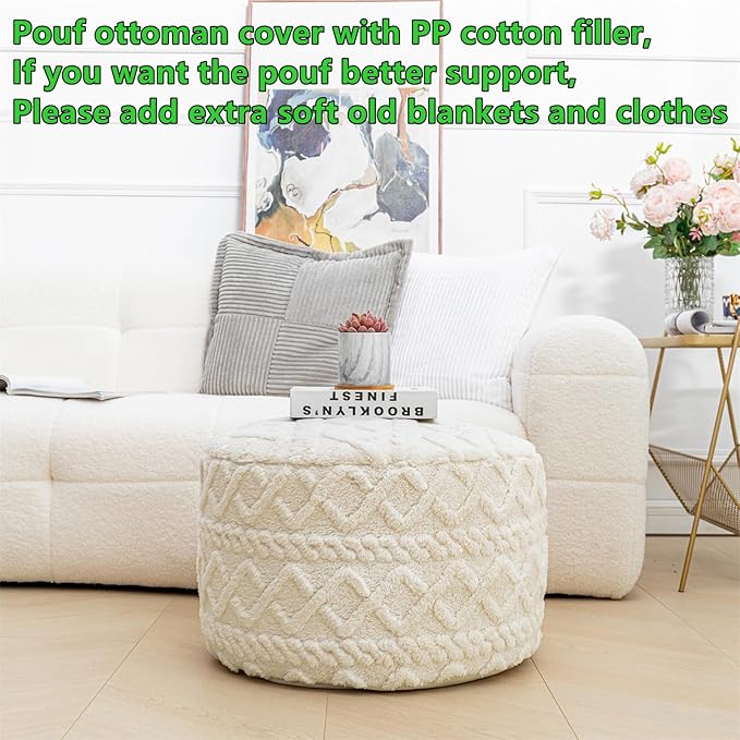 Pouf Ottoman Stuffed 20x20x12 Inches Floor Pouf Plush Fiber Ottoman Foot Rest Under Desk Foot Stool for Living Room Bedroom (Cream)