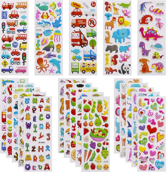 3D Stickers for Kids Toddlers 550+ Vivid Puffy Kids Stickers 24 Different Sheets, Colored 3D Stickers for Boys Girls Teachers, Reward, Craft Scrapbooking