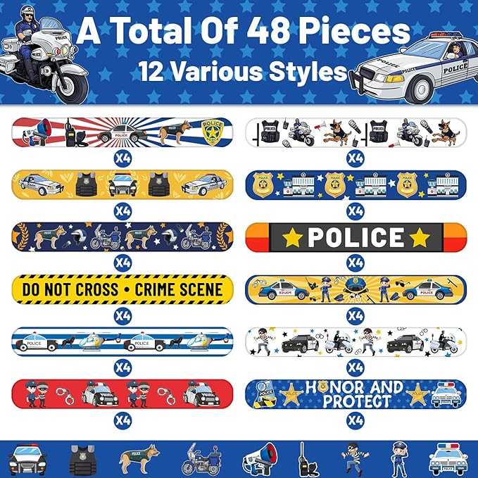 48PCS Police Party Favors Police Slap Bracelets Police Bracelets Wristbands for Police Themed Birthday Party Supplies Gifts Decorations Kids Classroom Rewards Prizes Carnival Christmas