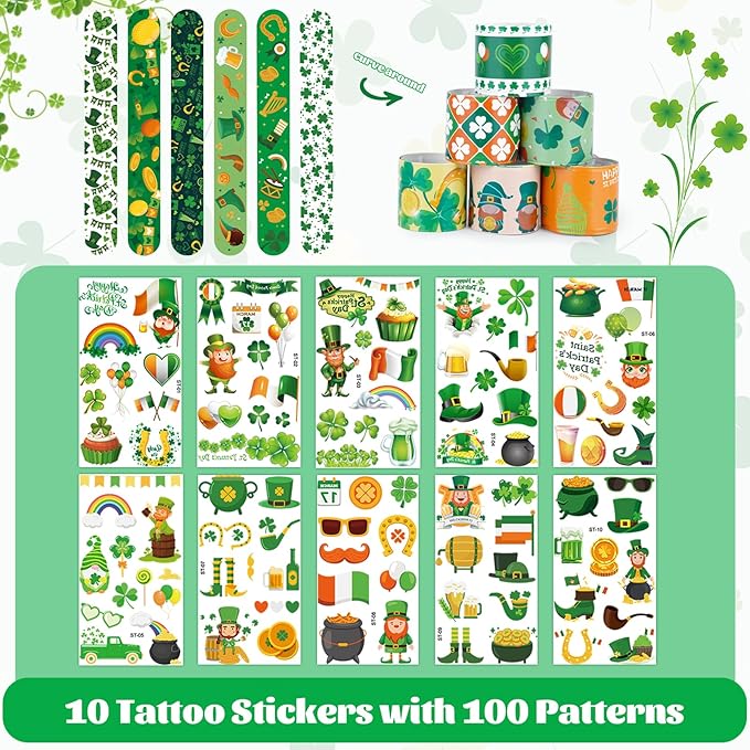 54Pcs St. Patrick's Day Party Favor Set, Includes Eyeglasses Slap Bracelets Tattoo Stickers Gold Coins, St Patricks Day Accessories for Irish Party Supplies Kids St Patricks Day Decorations