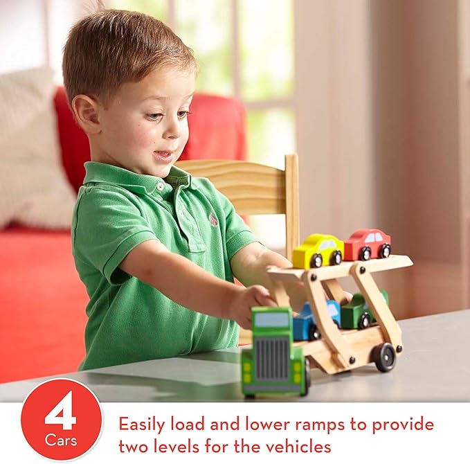 Melissa & Doug Car Carrier Truck and Cars Wooden Toy Set With 1 Truck and 4 Cars Wooden Vehicle Toys, Push And Go Trucks For Toddlers And Kids Ages 3+
