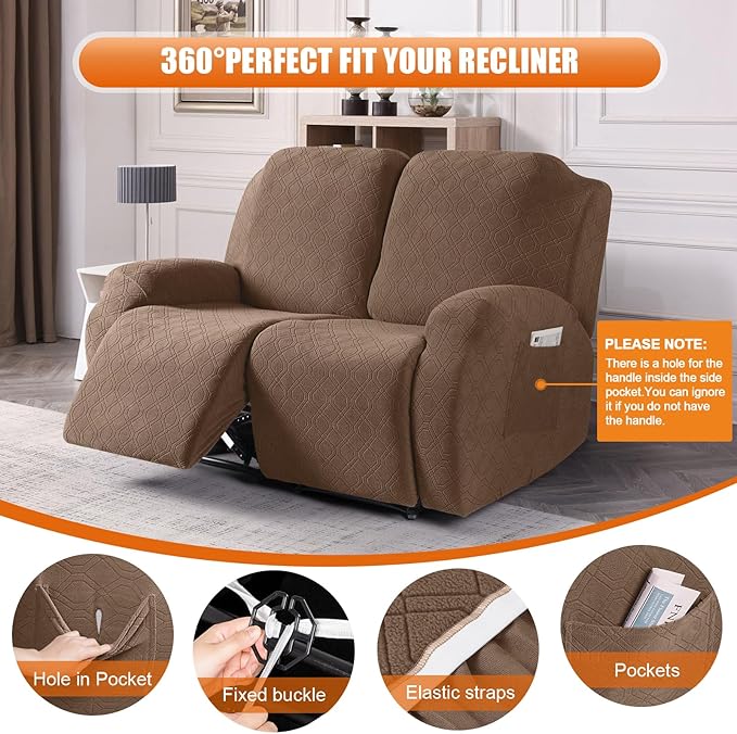 VANSOFY Recliner Cover, 2-Pieces Stretch Reclining Couch Cover with Pockets Loveseat Sofa Slipcovers Soft Washable Furniture Protector for Dogs Cats(Light Coffee)
