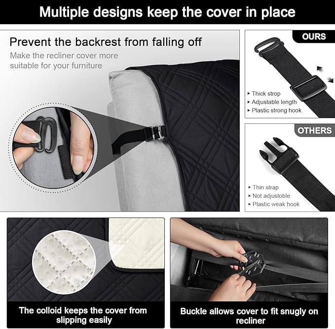 TAOCOCO 100% Waterproof Recliner Chair Cover, Non Slip Recliner Covers for Recliner Chair with Pocket, Washable Reclining Chair Cover Furniture Protector for Kids, Pets(Recliner Chair, Black)