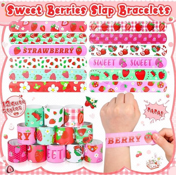 98 Pieces Strawberry Party Favors Include Sweet Berries Slap Bracelets Stickers Keychains for Berry Birthday Party Supplies Sweet One Party Summer Fruit Goodie Bag Fillers