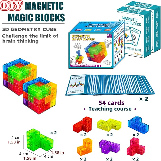 Magnetic Building Blocks Magic Magnetic 3D Puzzle Cubes, Set of 14 Multi Shapes Magnetics Blocks with 108 Guide Cards,Parent-Child Interactive Children's Educational Toys (14color)