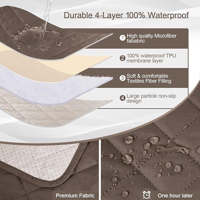 KinCam 100% Waterproof Recliner Chair Cover, Reclining Couch Covers for Pets, Dogs, Recliner Couch Slipcover Furniture Protector with Elastic Straps for Kids(28", Brown)