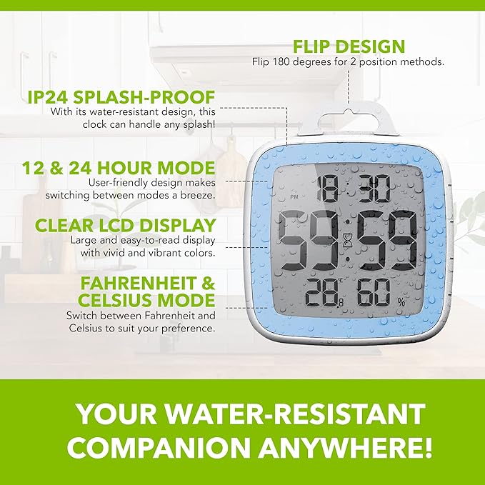 BALDR Digital Bathroom Clock with Timer - Waterproof Shower Clock with Time and Temperature - Waterproof Shower Timer for Kids and Adults - Bathroom Timer, Digital Shower Clocks for Bathroom (Blue)