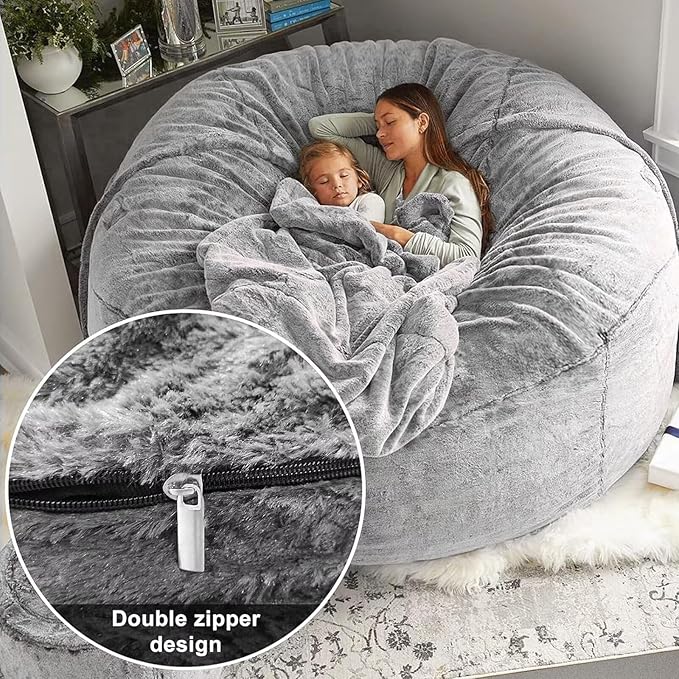 BCU 6FT Bean Bag Chair for Adults and Kids Without Filler Giant Stuffed Animal Storage Cover Soft Faux Fur Floor Chair Cover for Bedroom Living Room, Khaki