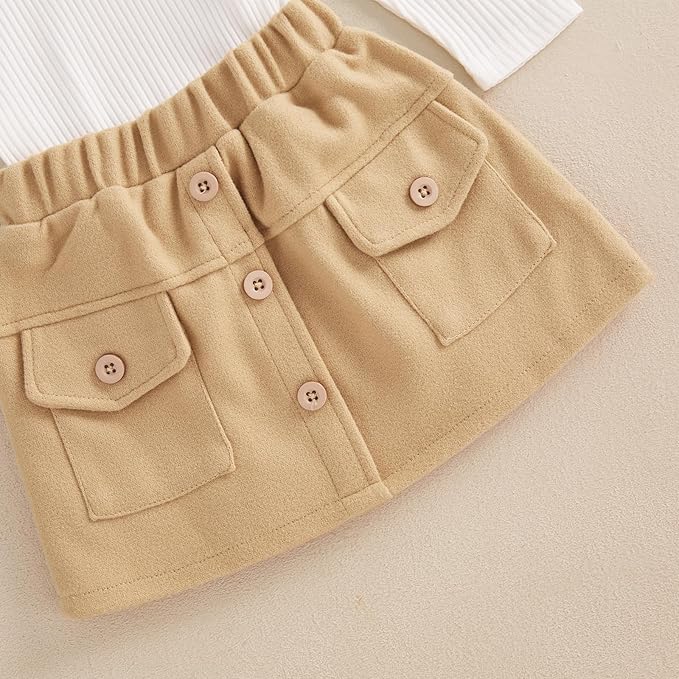 Fernvia Toddler Baby Girl Fall Winter Skirt Set Turtleneck Ribbed Long Sleeve T-Shirt Top & Plaid Skirts Dress 2Pcs Outfits