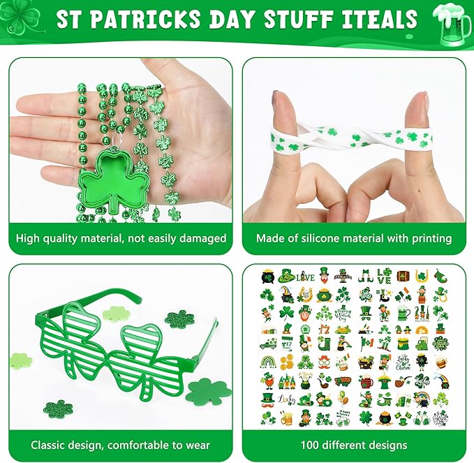 140PCS St Patricks Day Accessories, St. Patrick's Day Glasses Bracelets Tattoos Beads, Irish Glasses Bracelets Tattoos Beads Stuff Bulk, Shamrock Saint Patricks Parade Throw Party Favor Decorations