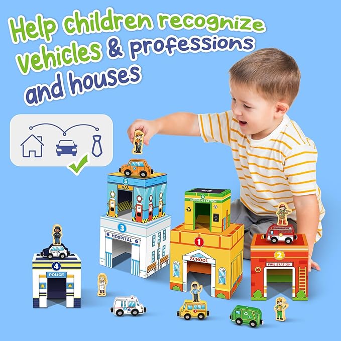 Aizweb Stacking Toys for Toddlers,Sorting Blocks Magnetic Wooden Cars Cardboard Vehicles Educational Preschool Kindergarten Learning Montessori Toys for 1 2 3 Year Old Boys Girls