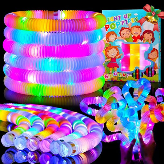 6 PCS Light Up Pop Tubes Toys Gifts for Kids ,Christmas Glow Sticks Party Favors Stocking Stuffers,LED Bracelets Necklaces Accessories for Children,Travel Camp Camping Fun for Kids