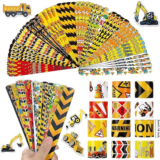 86 Pcs Construction Party Favors 36PCS Construction vehicles Slap Bracelets Wristband 50PCS Construction Vinyl Stickers for Kids Boys Construction Theme Birthday Party Goodie Bag Fillers