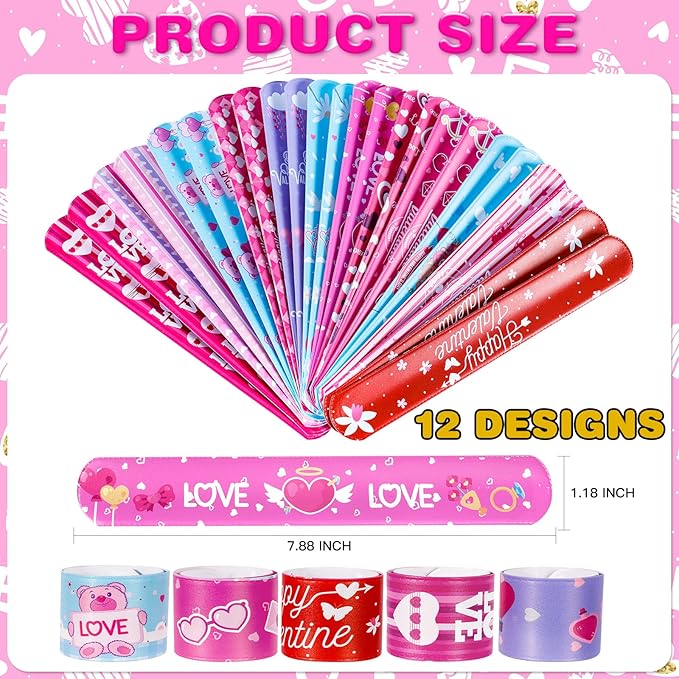 72 Pcs Valentines Slap Bracelets Rubber Bracelets Valentines Party Favors Gifts for Kids School Classroom Goodie Bag Stuffers