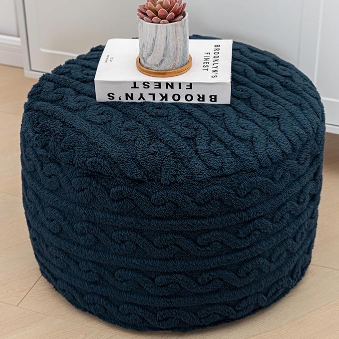 Pouf Ottoman Stuffed 20x20x12 Inches Floor Pouf Plush Fiber Ottoman Foot Rest Under Desk Foot Stool for Living Room Bedroom (Navy Blue)
