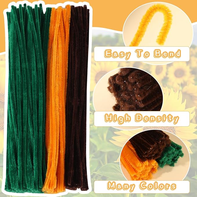 190PCS Pipe Cleaners Chenille Stem Craft Flower Supplies, Pipe Cleaner Flowers Crafts, Pipe Cleaner Sunflowers Kit with Instructions, 3 Colors Pipe Cleaners Set for DIY Craft Decorations-2 Flowers