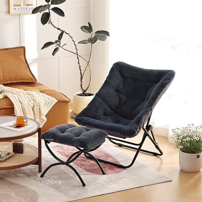 Comfy Saucer Chair, Soft Faux Fur Oversized Folding Chair, Flexible Lounge Lazy Chair for Kids Girls Teens Adults, Moon Chair for Dorm Rooms, Bedroom, Living Room