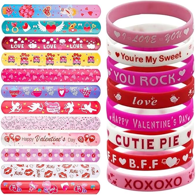 48Pcs Valentines Day Party Favors Silicone Bracelets Slap Bracelets Assorted for Kids Girls Boys Toddlers Valentines School Classroom Exchange Prizes Gifts