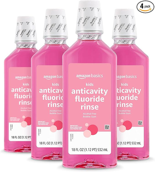 Amazon Basics Kids Mouthwash with Fluoride, Anticavity, Alcohol-Free Bubble Gum, 18 fl oz (Pack of 4)
