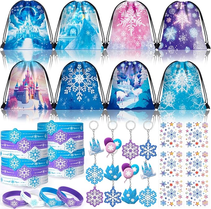 48Pcs Frozen Party Favors Elsa Birthday Supplies Girls, Drawstring Bags Silicone Bracelets Keychain Tattoo Sticker Frozen Goodie Bag Stuffer Filler Elsa Frozen Birthday Party Favors Supplies