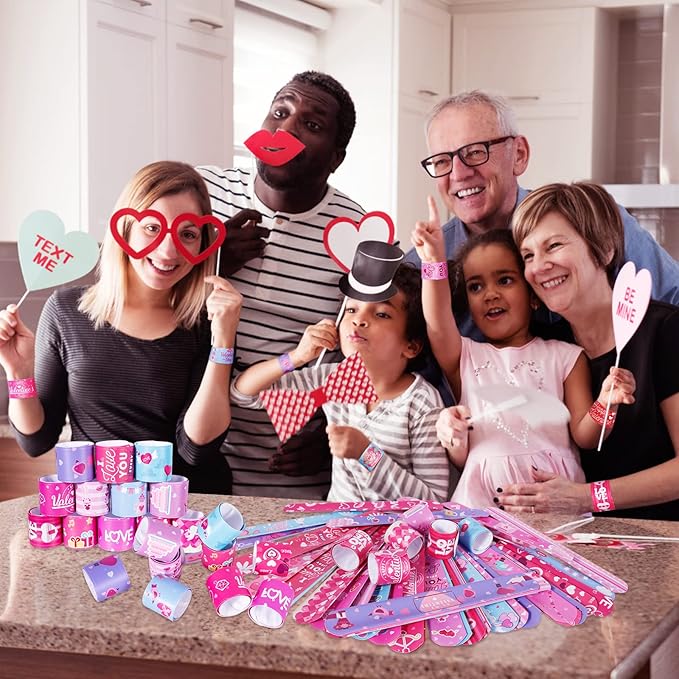 48 Pcs Valentines Day Slap Bracelets with Colorful Hearts for Birthday Gifts for Kids Party Supplies Favors Classroom Exchange Birthday Giveaways Game Prizes Kids Party Favors