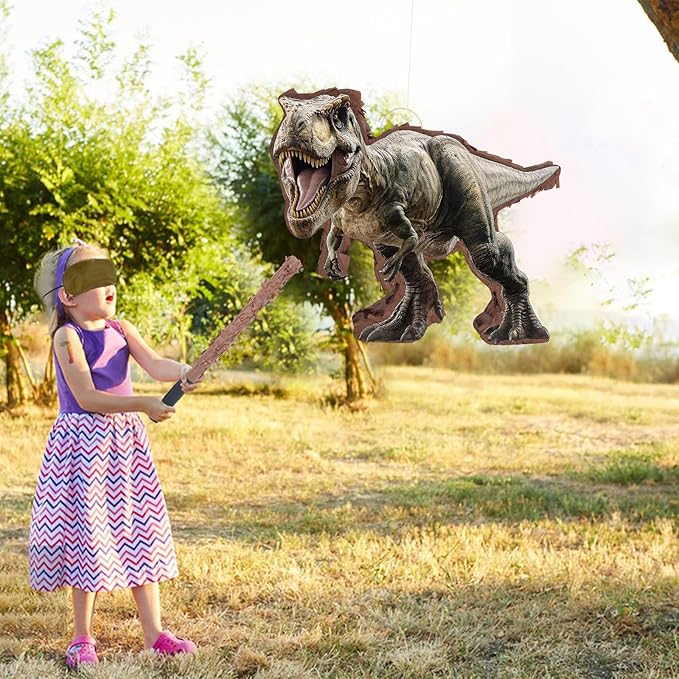 142 Pcs Dinosaur Piñata Party Set - Small Jungle Dinosaur Piñata Set with Blindfold and Bat Include Kids Dinosaur Themed Party Favors for Boys and Girls(Small Size Piñata 14.5”x12.5”x3”)