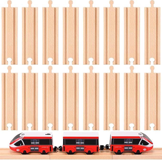 Liliful Pack of 16 Wooden Train Track Straight Pieces Male Male Female Female Train Track Expansion Pack Compatible with Most Railroad Sets, 6 Inch