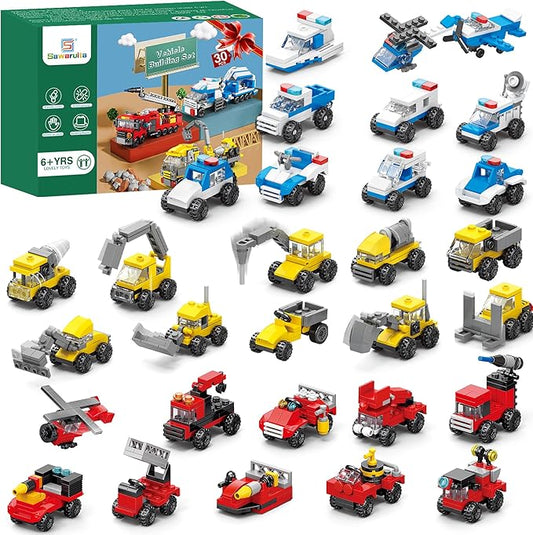30Pack Mini Cars Building Blocks Party Favors for Kids - Small Fire Truck,City Police Car,Construction Vehicle for Goodies Bag Filling, Classroom Prizes for Boys 6-12
