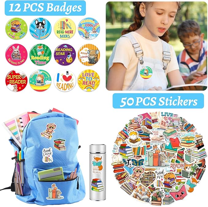98 PCS Reading Book Party Favors, Reading Book Temporary Tattoos Slap Bracelets Stickers Badges Keychains for Reading Book Birthday Party Decorations Supplies for Kids Boys Girls Book Lovers