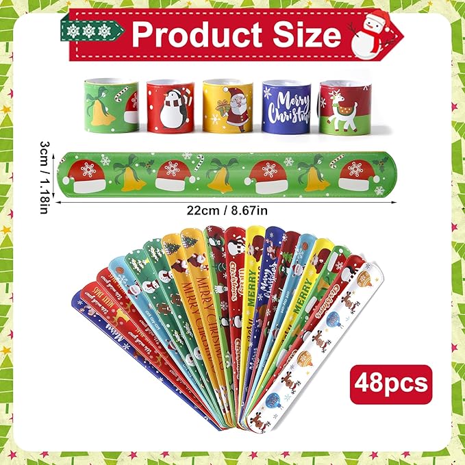 48pcs Christmas Slap Bracelets, Santa Claus Snowman Christmas Tree Reindeer Slap Wristband Christmas Stocking Stuffers for Boys Girls Xmas Birthday Party Favors Toys Goodie Bag Fillers