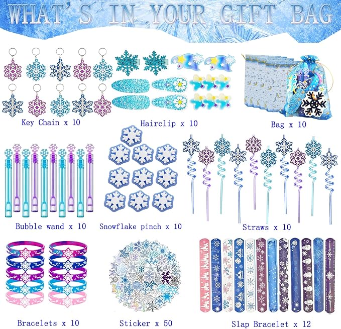 132Pcs Snowflake Party Favors Set Birthday Party Supplies Include 12 Bracelets, 10 Keychain, 10 snowflake squishies,10 wristbands,10 Hair accessories,10 straws,10 Bubble,50 Stickers and 10 Gift bags