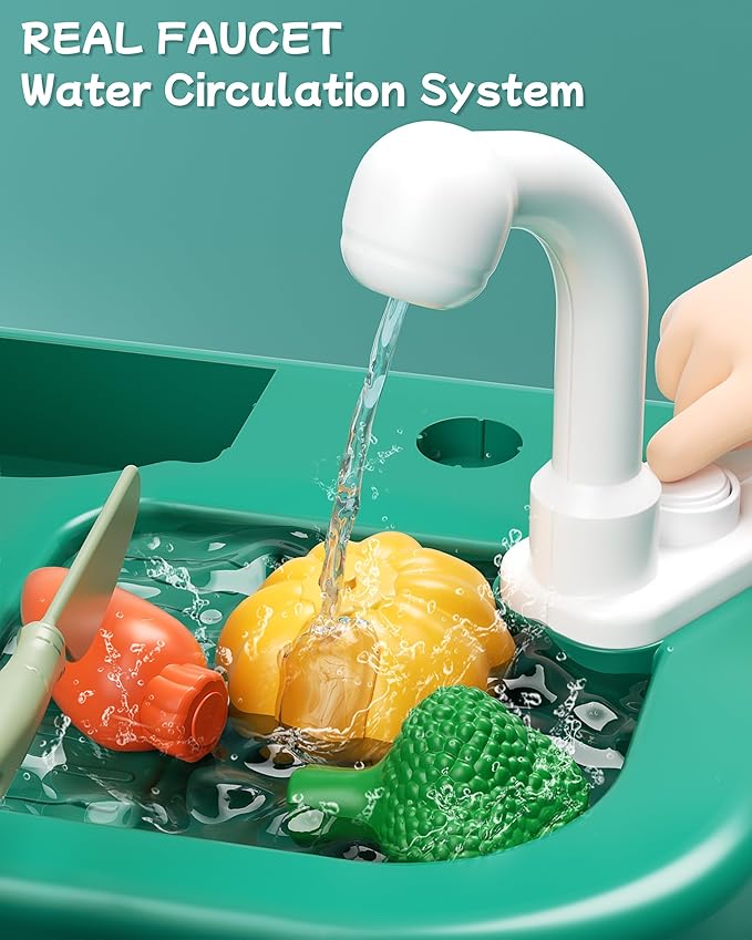 49Pcs Kitchen Playset for Boys & Girls, Kid Play Kitchen with Realistic Lights & Sounds, Spray Sink Toy Kitchen Accessories, Pretend Food Toys Kitchen for Toddlers(Green)