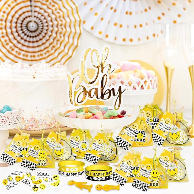 72PCS One Happy Dude Birthday Party Favor for Kids Smile Face Theme Gifts Set Include Bracelet Tatto Thank You Card with Keychain and Organza Smile Party Classroom School Supplies
