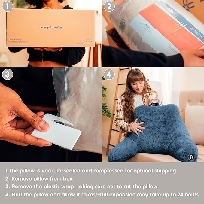 Nestl Fur Reading Pillow, Stylish Back Pillow for Bed Sitting Up, Faux Fur Bed Chair Pillow with Arms, Reading Pillows for Sitting in Bed Adult & Kids, Sit Up Back Support Pillow for Bed Rest - Blue