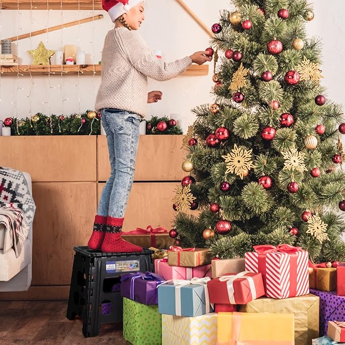 ACKO Folding Step Stool 13 inch Height Premium Heavy Duty Foldable Step Stools for Adults and Kids, Kitchen Plastic Small Collapsible Stepping Stool Hold Up to 300 LB Dot Black (1 Pack)