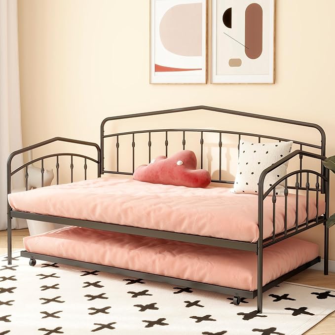 Christopher Knight Home Fox Twin Daybed with Trundle, Metal Sofa Bed Set, Rollaway Daybed Couch Bed Frame for Bedroom Living Room Guest Room, Elegant and Simple Style, Anti-Noise, Easy Assembly, Black