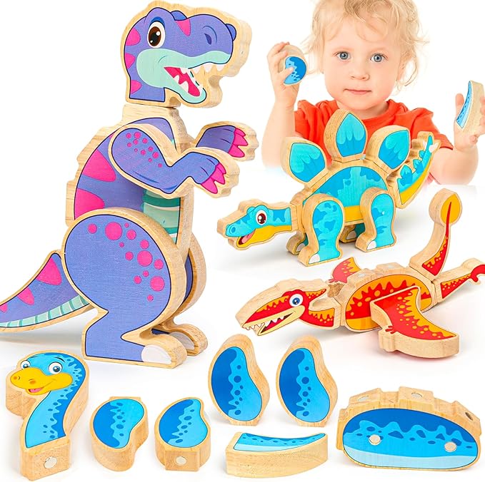 Dinosaur Toys for Kids 3-5,Wooden Magnetic Dino Take Apart Building Blocks Toys for Fine Motor Skills & Creative Play,Easter Basket Stuffers for Toddler Boys Girls