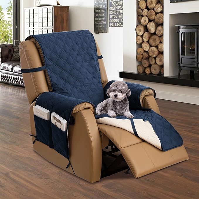 TOMORO Non-Slip Oversized Recliner Cover, 100% Waterproof Quilted Recliner Chair Slipcover Furniture Protector with Pockets, Washable Couch Cover with Elastic Straps for Kids and Pets