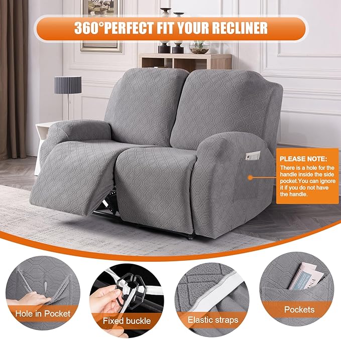 VANSOFY Recliner Cover, 2-Pieces Stretch Reclining Couch Cover with Pockets Loveseat Sofa Slipcovers Soft Washable Furniture Protector for Dogs Cats(Light Gray)