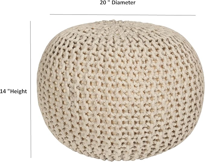 Round Pouf Ottoman Hand Knitted 100% Cotton Pouf Foot Stool - Knitted Bean Bag - Floor Chair for Bedroom - Foot Rest for Couch (20" Dia x 14" HT) (Off White)