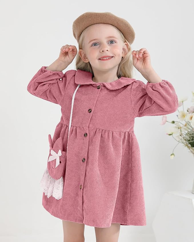 Mioglrie Toddler Baby Girl Dress 2T 3T 6 12 18 24 Months Fall Winter Clothes Outfits Dresses with Cute Satchel for Baby