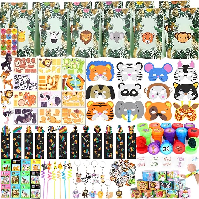 158PCS Jungle Safari Party Favors Set – Wild Animals Goodie Bag Stuffers, Masks, Straws, Stamps, Keychains, Gift Bags, Assembly Toys for Kids Birthday Party, Boys & Girls Party Favors