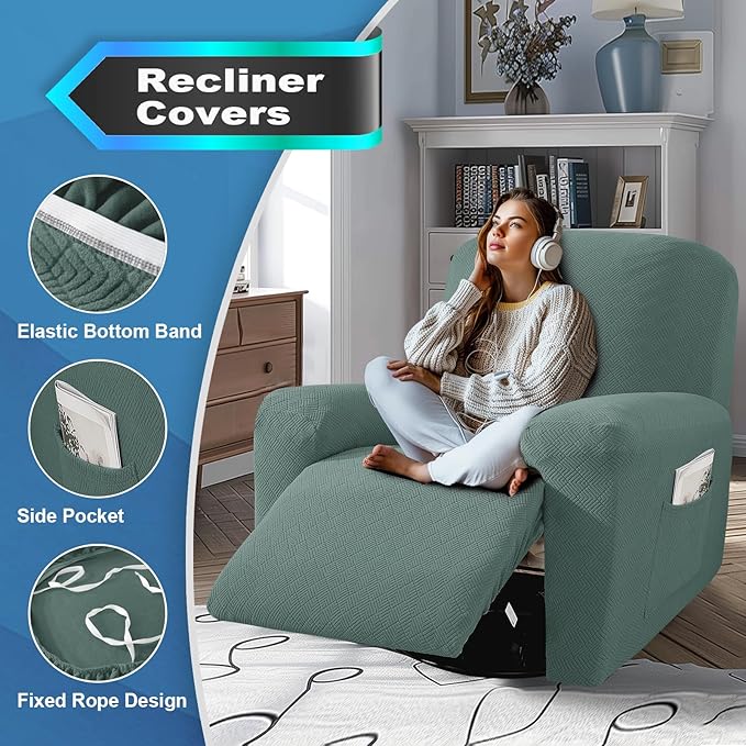 JIVINER 3 Piece Oversized Recliner Covers for Large Recliner with Pockets Stretch Jacquard Lazy Boy Reclining Couch Cover Soft Furniture Couch Protector with Elastic Bottom (1 Seater-XL, Pea Green)