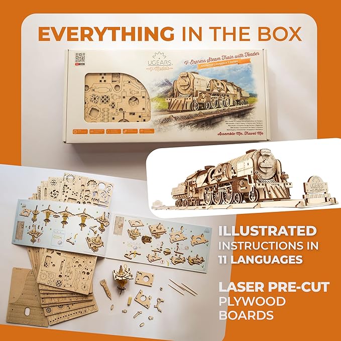 UGEARS 3D Puzzles for Adults - V-Express Steam Train with Tender Idea- 3D Wooden Puzzle Model Kits for Adults and Teens Building Kit Wooden Model Kits