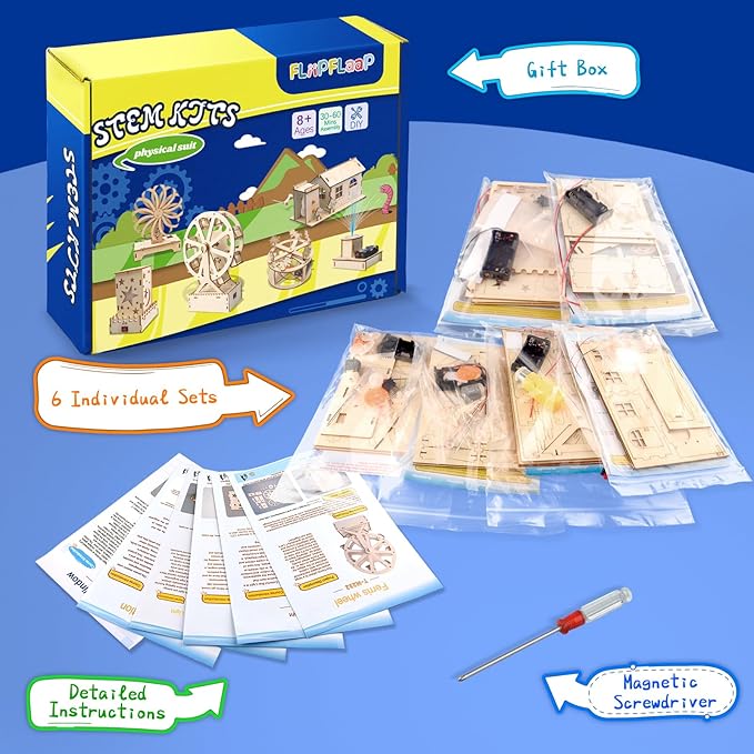 6-in-1 STEM Kits for Kids Age 8-12, Educational STEM Toys for Boys and Girls, Wooden Building Kit for Kids STEM Science Experiments Kit, Ideal Christmas Birthday Gifts for 8 9 10 11 12 13 Year Old