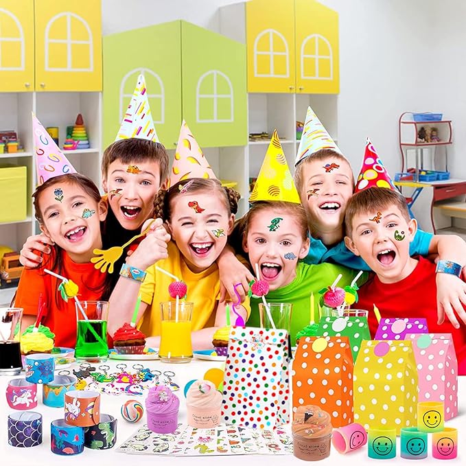 96Pcs Slime Party Favors for Kids,Unicorn Party Favors Birthday Gift with Hands Sticky,Scratch Bookmark,Dinosaur Slap Bracelets,Mini Slinky,Paper Treat Bags for Boys Girls Fun Fidget Toys