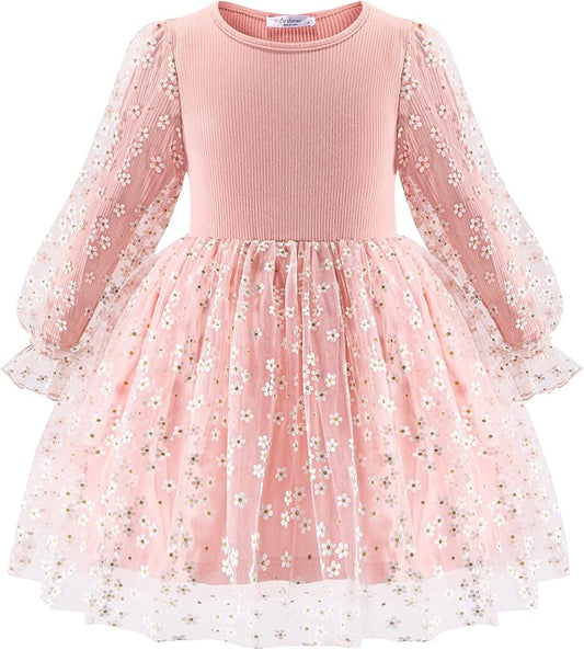 Arshiner Toddler Christmas Dress Girls Sequin Tulle Puff Long Sleeves Tutu Dress Princess Birthday Party Clothes 1-6T