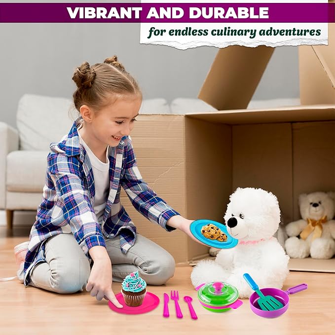 Kids Play Dishes for Kids Kitchen Playset Accessories - 27Pcs Kitchen Toy Dishes for Kids Kitchen Accessories Kids Play Plates and Bowls Sets - Kids Dishes Playset for Outdoor Play Kitchen Accessories